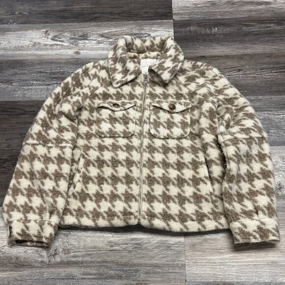 Avec Les‎ Filles White Tan Houndstooth Womens XS Zip Up Collared Fleece Jacket - Picture 1 of 9